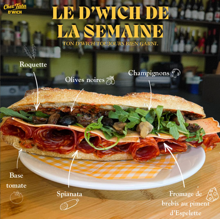 D'wich de la semaine à la spianata, brebis au piment d'Espelette, roquette, olives noires et champignons