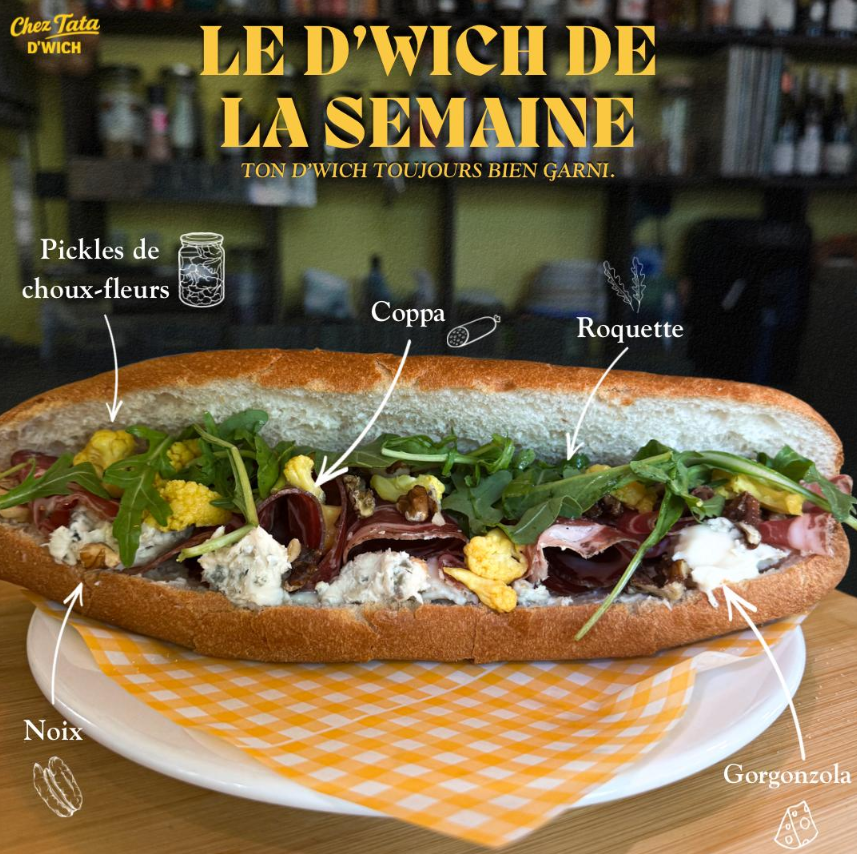 D'wich brioché au gorgonzola, coppa, noix et pickles de choux-fleurs