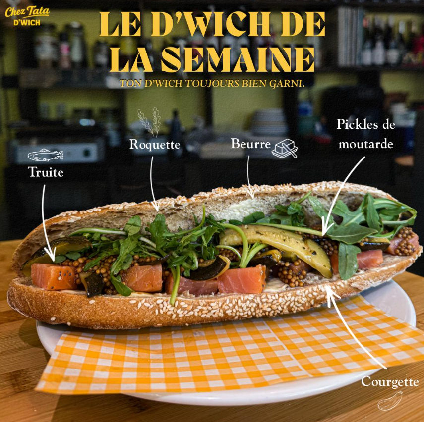 D'wich sésame à la truite, roquette, courgette et pickles de moutarde